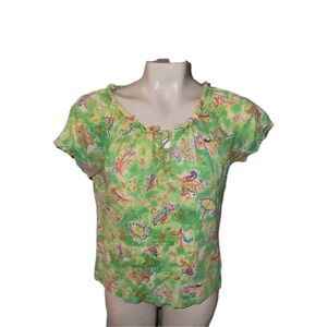 CHAPS Green Floral Laceup Blouse‎ Cap Sleeve Knit Top Cottage Fairy M Beach Sexy